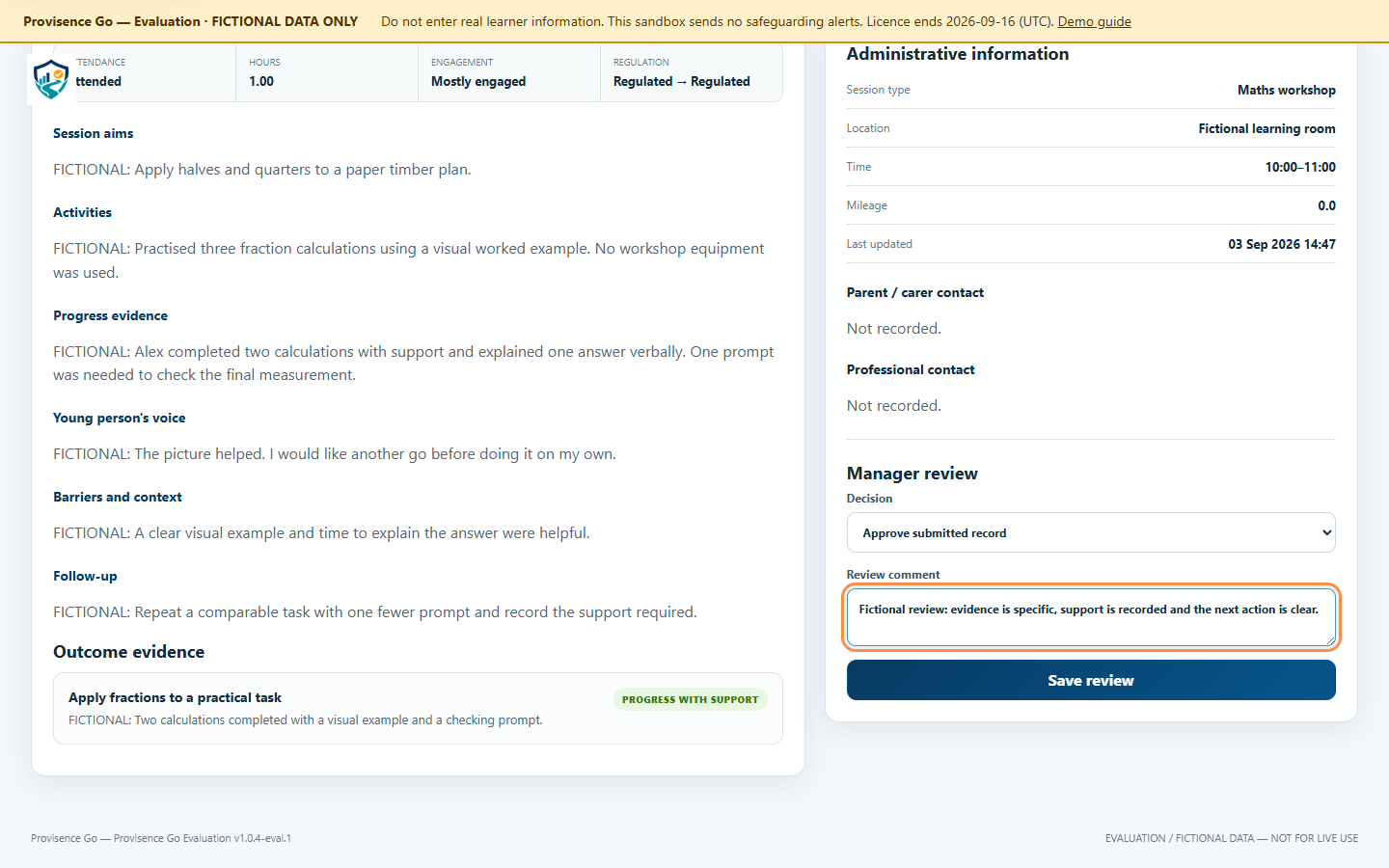 Quality review screen using fictional records